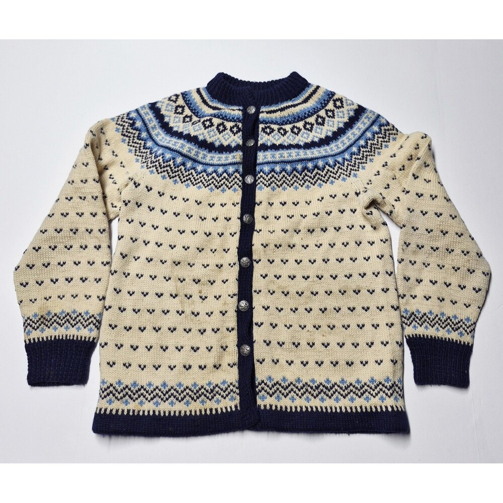 Vtg Lulle Otterstad Norway Wool Sweater Cardigan Small Blue Cream Metal Button
